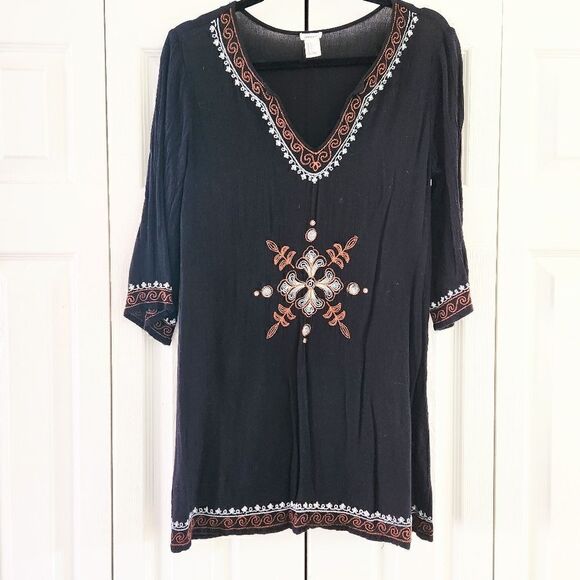 Forever21 Black Embroidered Boho Mini Dress Size Small - Picture 1 of 4